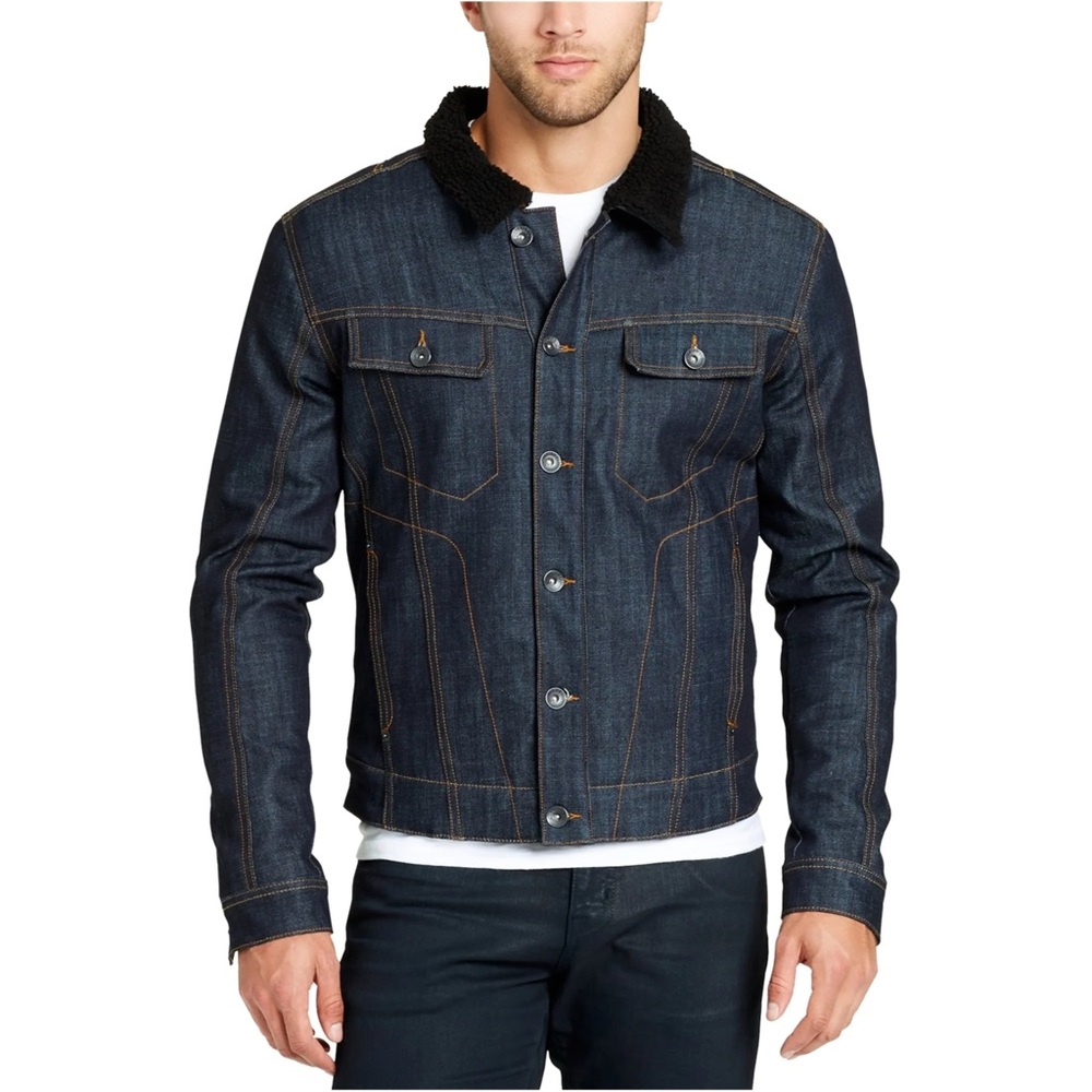 William Rast Men’s Dark Wash Denim Sherpa Lined Trucker Jacket